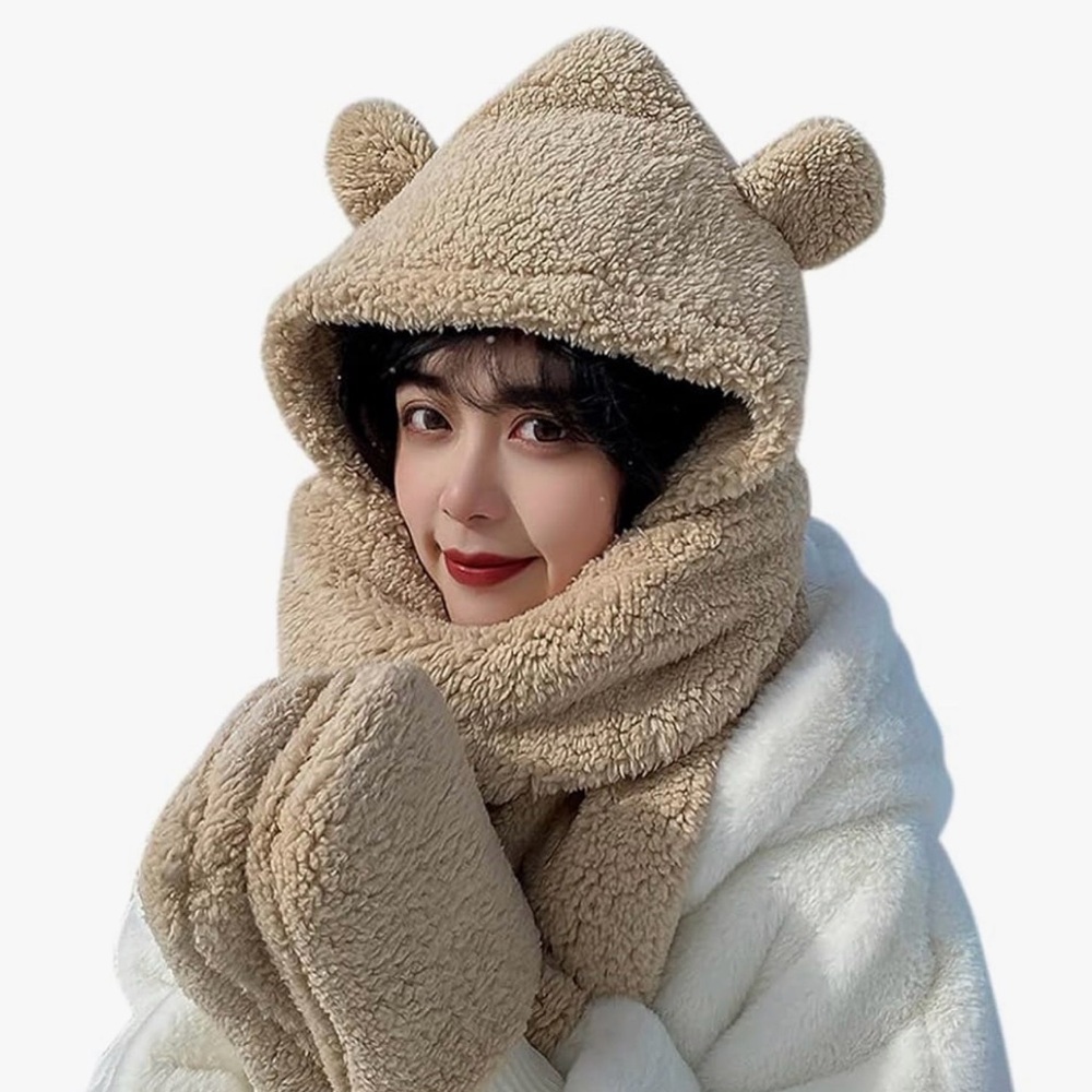 Aerie women’s girls 3 in 1 Bear hooded scarf plush mitten set with pocket gloves